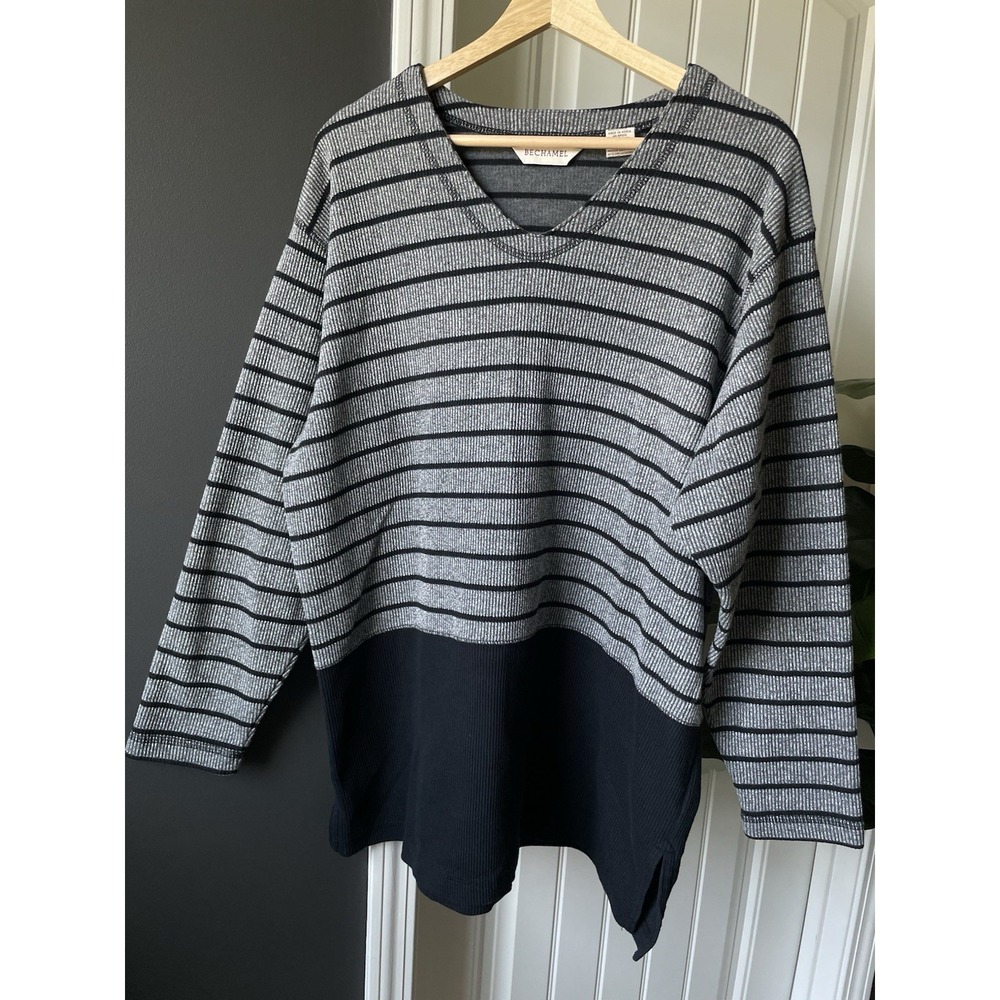 BECHAMEL Ribbed Knit Colorblock Striped Tunic Sweater V-Neck Cozy XL Gray Black